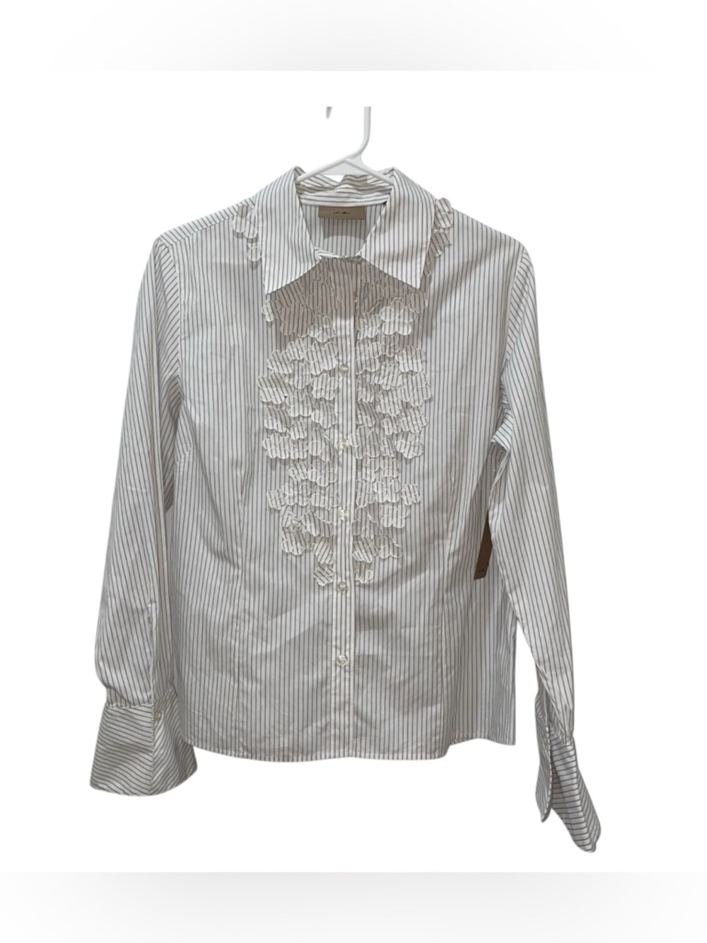 NWT i.e. Pin Stripe Button Up Blouse w/ sewn flower details, Women’s 12